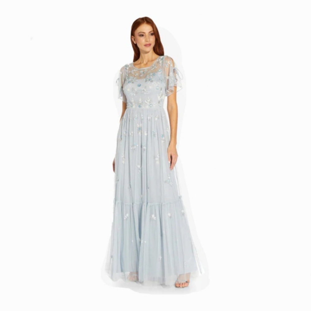 Adrianna Papell Floral Beaded/ Sequins Flutter Short Sleeve Gown